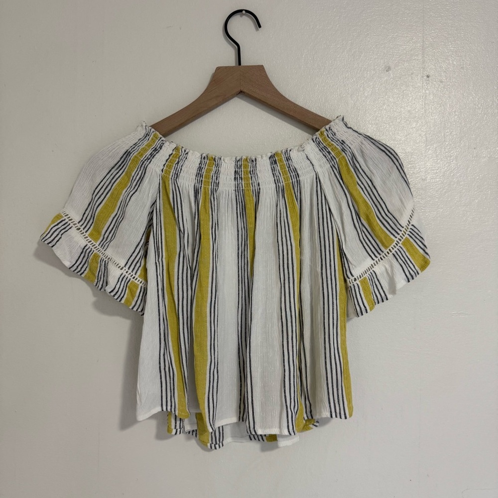 Bershka Off-Shoulder Striped top- White and Yellow Size Medium Bershka_BSKGIRL